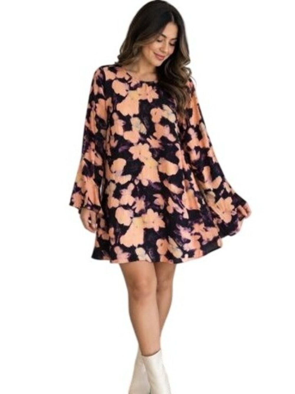 Nasty Gal Floral Print Bell Sleeve Tunic Dress With V-Neckline Size US 12